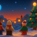 Festive LEGO-style winter scene with minifigure silhouettes celebrating Life Day under lanterns and a glowing tree.