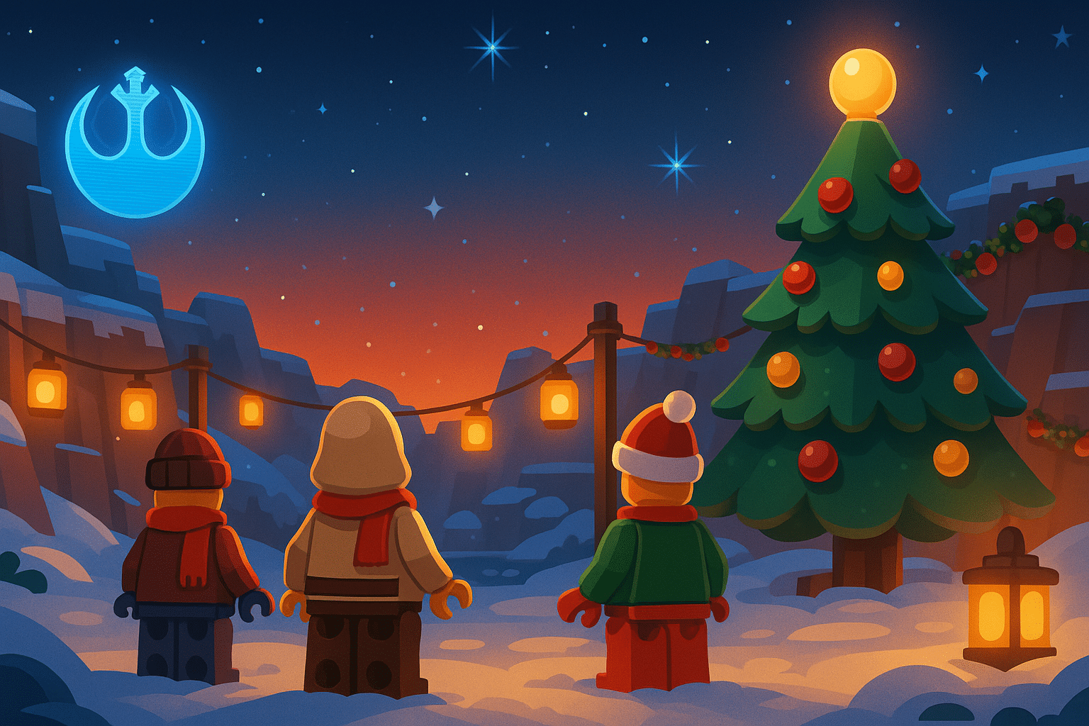 Festive LEGO-style winter scene with minifigure silhouettes celebrating Life Day under lanterns and a glowing tree.