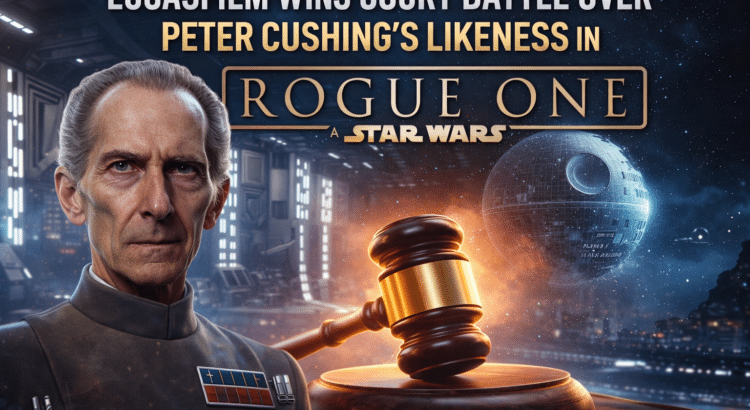 Digital artwork showing Grand Moff Tarkin inspired by Peter Cushing alongside a judge’s gavel and the Death Star, representing Lucasfilm’s legal victory over likeness rights in Rogue One