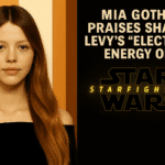 Promotional image featuring an illustrated Mia Goth on the left and the Star Wars: Starfighter logo on the right, with bold text reading “Mia Goth Praises Shawn Levy’s ‘Electric’ Energy on Star Wars: Starfighter.”