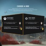 Star Wars Battlefront II “Choose a Side” screen showing Finn and Captain Phasma with Resistance and First Order faction challenge options.