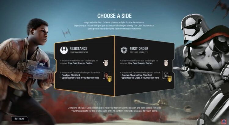 Star Wars Battlefront II “Choose a Side” screen showing Finn and Captain Phasma with Resistance and First Order faction challenge options.