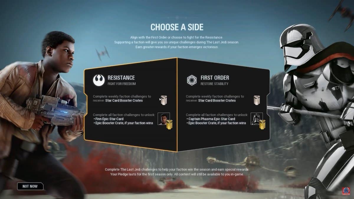 Star Wars Battlefront II “Choose a Side” screen showing Finn and Captain Phasma with Resistance and First Order faction challenge options.