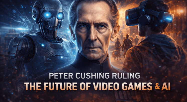 Concept artwork illustrating Peter Cushing’s likeness alongside AI, VR, and video game elements, reflecting how the Rogue One legal ruling could shape the future of interactive storytelling
