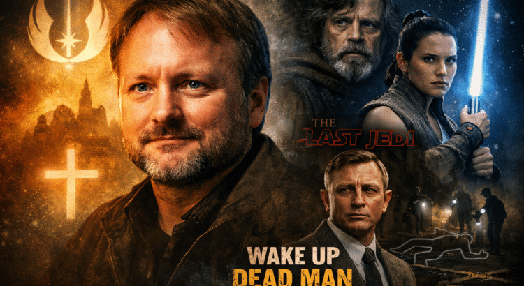 Rian Johnson shown between Star Wars The Last Jedi imagery and Wake Up Dead Man visuals highlighting a spiritual connection