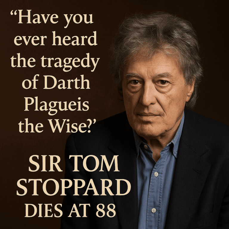 Tribute image featuring a portrait of Sir Tom Stoppard alongside the quote “Have you ever heard the tragedy of Darth Plagueis the Wise?” with the headline “Sir Tom Stoppard Dies at 88” on a dark brown background.
