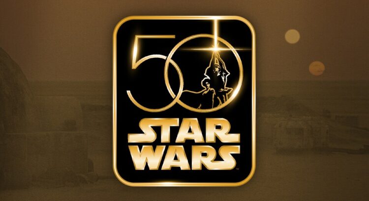 Star Wars 50th anniversary logo featuring a golden Luke Skywalker silhouette against a Tatooine twin-sunset background.