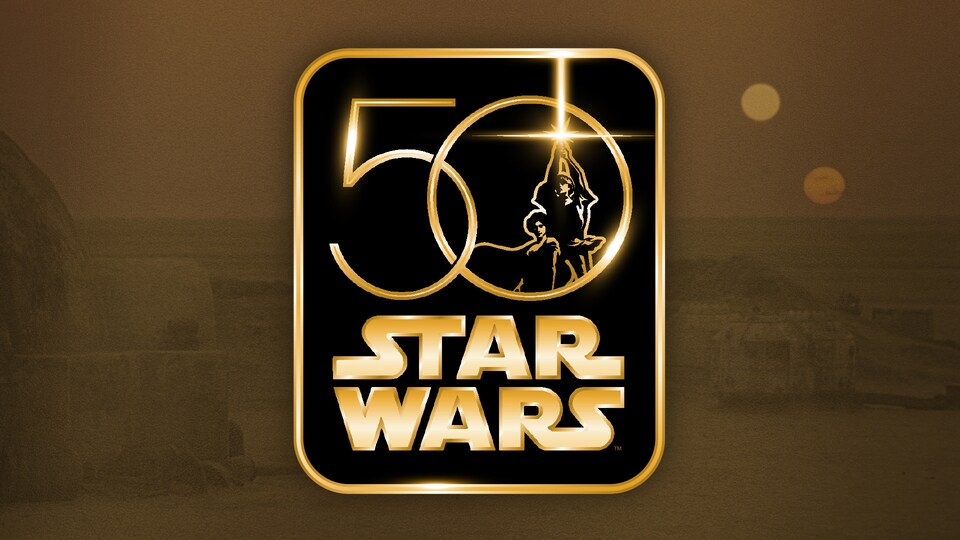 Star Wars 50th anniversary logo featuring a golden Luke Skywalker silhouette against a Tatooine twin-sunset background.
