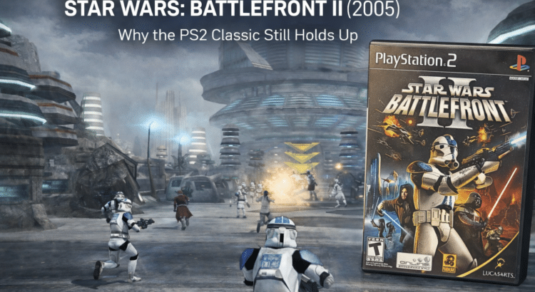 Star Wars Battlefront II (2005) on PS2 showing clone troopers in large-scale ground combat with the original PlayStation 2 game case.