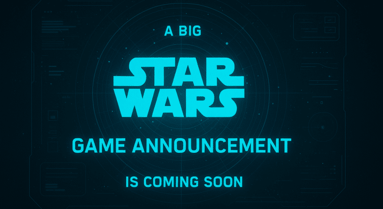 Holographic Star Wars teaser image announcing an upcoming game reveal.