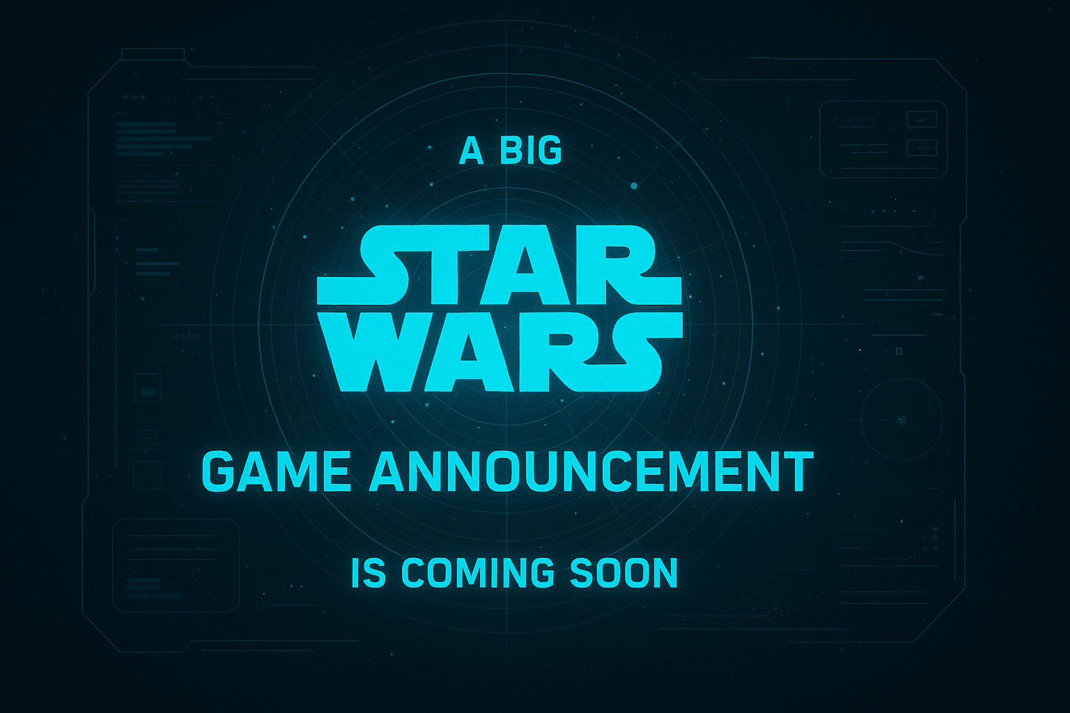 Holographic Star Wars teaser image announcing an upcoming game reveal.