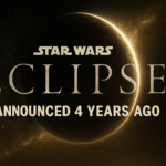 Cinematic sci-fi banner showing a glowing eclipse behind the text “Star Wars Eclipse – Announced 4 Years Ago,” with a dark space background.