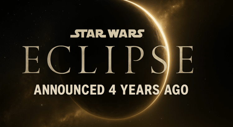 Cinematic sci-fi banner showing a glowing eclipse behind the text “Star Wars Eclipse – Announced 4 Years Ago,” with a dark space background.