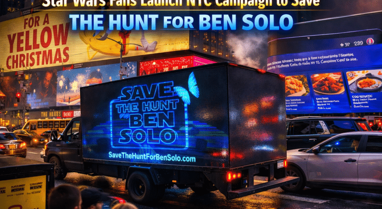 Times Square truck billboard promoting the Save The Hunt for Ben Solo campaign as Star Wars fans launch a New York City effort to revive the Ben Solo film project