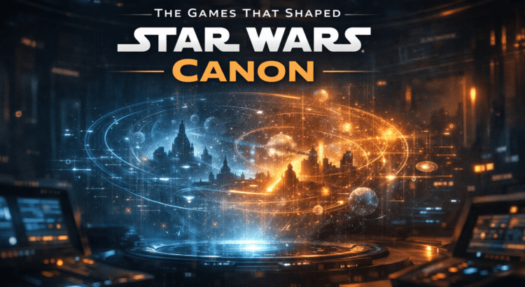 A cinematic holographic star map representing how Star Wars video games quietly influenced and shaped canon storytelling.