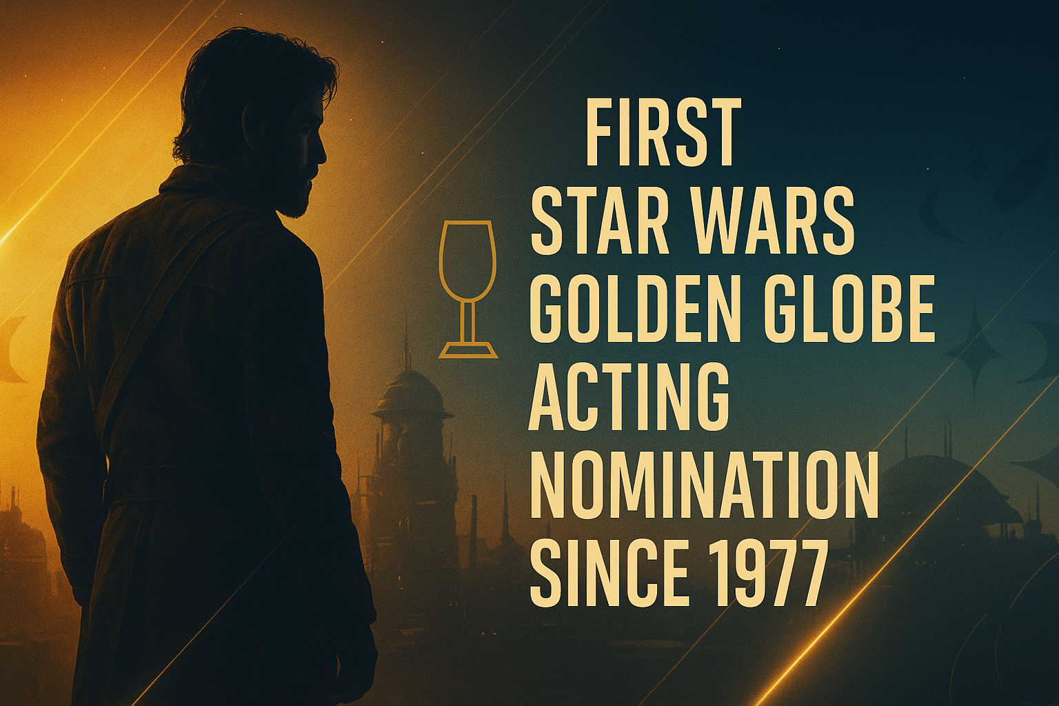 Cinematic sci-fi header image with a silhouetted rebel-like figure and text reading “First Star Wars Golden Globe Acting Nomination Since 1977.”