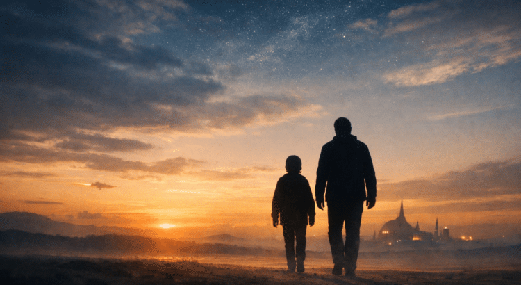 Cinematic Star Wars–inspired landscape symbolizing legacy, family, and privacy, with two abstract silhouettes walking toward a futuristic horizon at sunset.