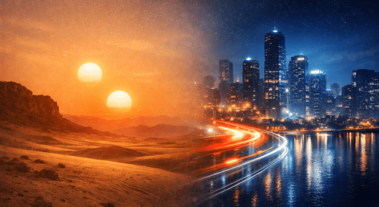 Editorial illustration contrasting timeless science fiction nostalgia with modern blockbuster entertainment