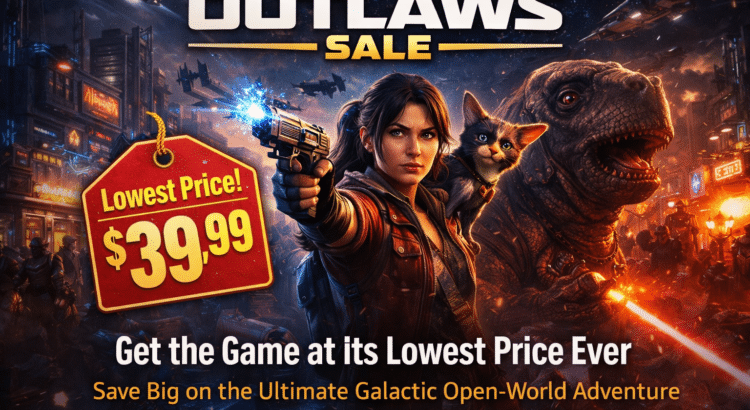 Star Wars Outlaws lowest price sale featuring Kay Vess and Nix in an action-packed open-world scene