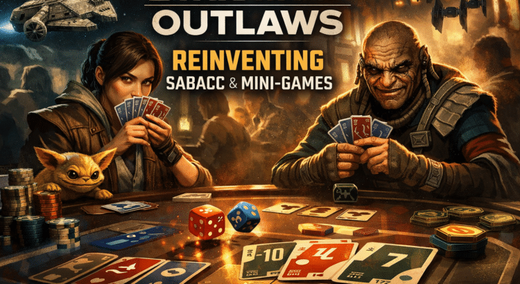 Star Wars Outlaws Sabacc mini-game featuring Kay Vess playing cards in a tense cantina gambling scene with dice and chips