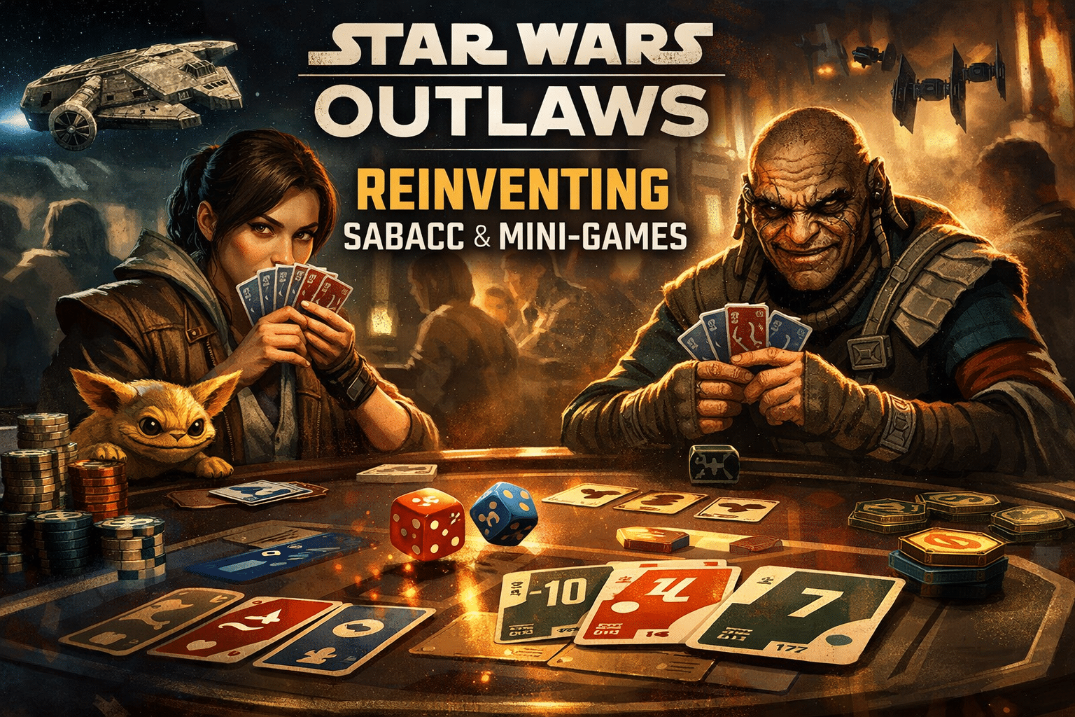Star Wars Outlaws Sabacc mini-game featuring Kay Vess playing cards in a tense cantina gambling scene with dice and chips