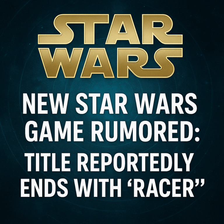 Star Wars rumor graphic with bold text stating “New Star Wars game rumored: Title reportedly ends with ‘Racer.’”