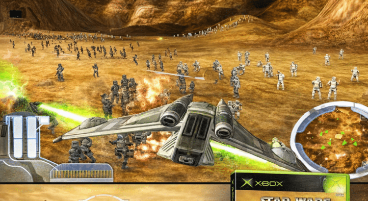 Star Wars The Clone Wars Xbox game showcasing large-scale vehicle battles from the 2003 release