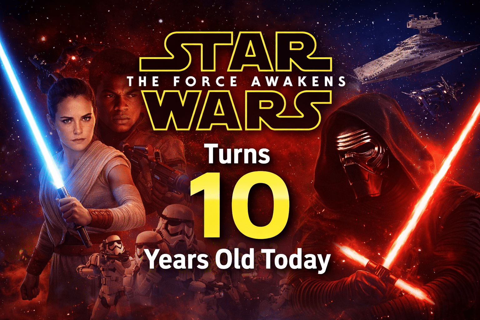 Star Wars The Force Awakens celebrates its 10 year anniversary with Rey, Finn, and Kylo Ren