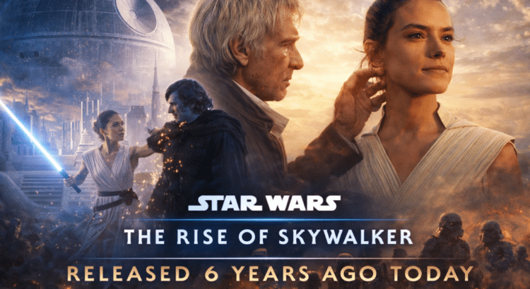 Star Wars The Rise of Skywalker characters Rey Han Solo and Kylo Ren in cinematic anniversary artwork marking the film’s release