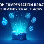 Digital banner showing a glowing reward chest with crystals and currency icons, promoting the SWGOH compensation update offering free rewards for all players.