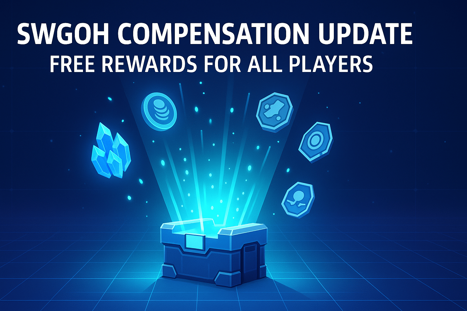 Digital banner showing a glowing reward chest with crystals and currency icons, promoting the SWGOH compensation update offering free rewards for all players.
