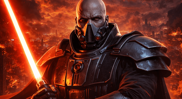 Darth Malgus holding a red lightsaber in Star Wars The Old Republic artwork promoting the new music track Betrayal and Despair