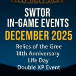 Promotional graphic for Star Wars: The Old Republic showing the SWTOR logo above the text “SWTOR In-Game Events December 2025,” with a list of events including Relics of the Gree, 14th Anniversary, Life Day, and Double XP Event against a starry blue background.