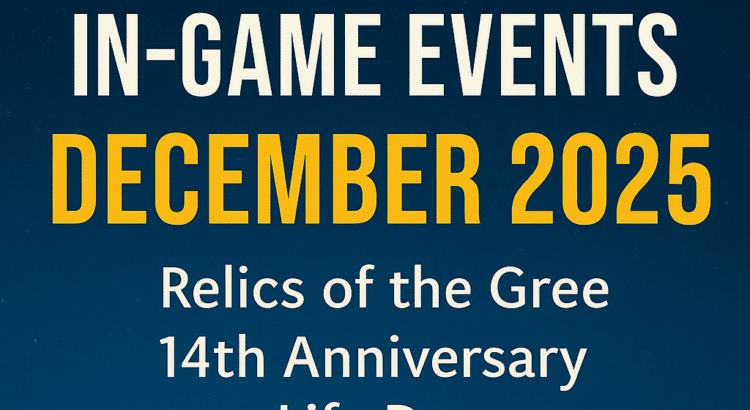 Promotional graphic for Star Wars: The Old Republic showing the SWTOR logo above the text “SWTOR In-Game Events December 2025,” with a list of events including Relics of the Gree, 14th Anniversary, Life Day, and Double XP Event against a starry blue background.