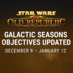 SWTOR header image showing the Star Wars: The Old Republic logo above the text “Galactic Seasons Objectives Updated – December 9 to January 12” on a gold starfield background.