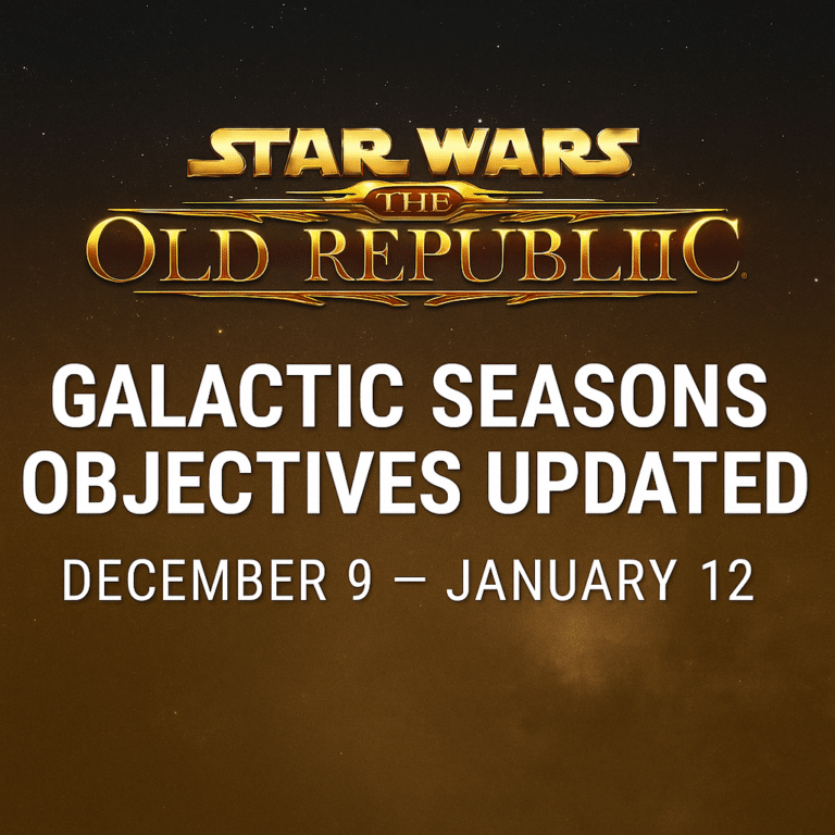 SWTOR header image showing the Star Wars: The Old Republic logo above the text “Galactic Seasons Objectives Updated – December 9 to January 12” on a gold starfield background.