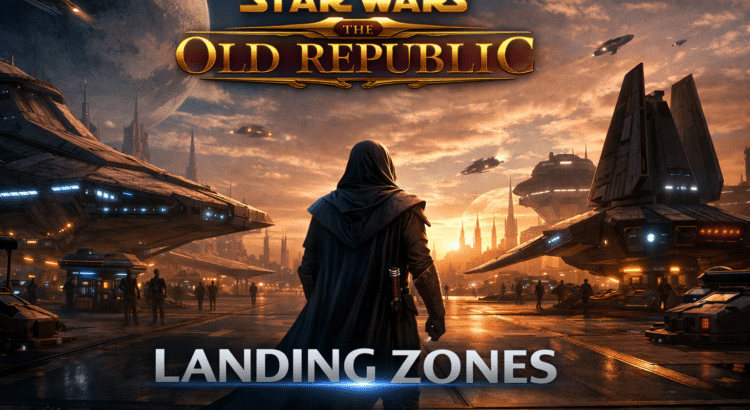 Star Wars The Old Republic landing zone artwork showing a lone figure overlooking a busy spaceport with Republic and Imperial ships arriving under a dramatic sci-fi sky
