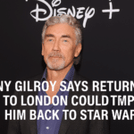 Tony Gilroy at a Disney+ red carpet event with headline text reading “Tony Gilroy Says Returning to London Could Tempt Him Back to Star Wars.”