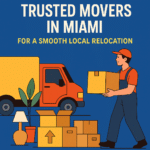 Illustration of Miami movers loading boxes into a moving truck for a local relocation