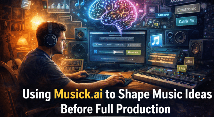 Music creator using an AI music generator to turn early ideas into an audible track sketch before full production