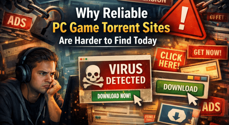 Frustrated PC gamer surrounded by misleading download buttons, pop-up ads, and warning messages illustrating unreliable game torrent websites
