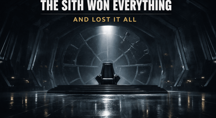 An empty Sith throne room aboard the Death Star, symbolizing the hollow victory and eventual collapse of the Sith after defeating the Jedi.