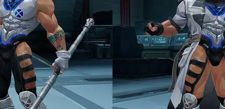 Breathable Gambit pants Rank skin mod comparison in Marvel Rivals showing thigh skin exposure