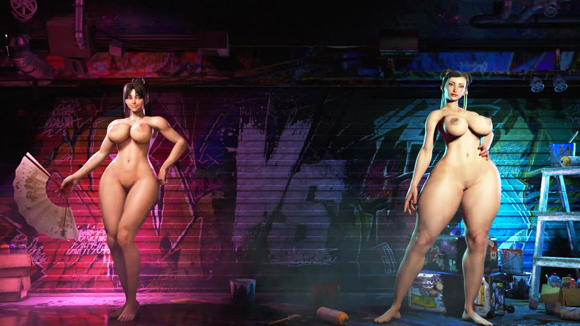 Street Fighter 6 nude Mai and Chun-Li PAAG body mod comparison
