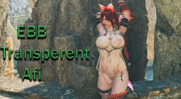 Monster Hunter Wilds Afi wearing transparent EBB armor mod in rocky environment