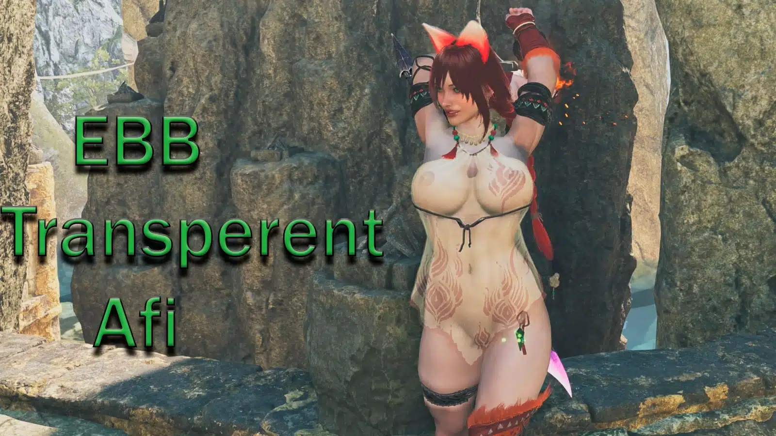 Monster Hunter Wilds Afi wearing transparent EBB armor mod in rocky environment