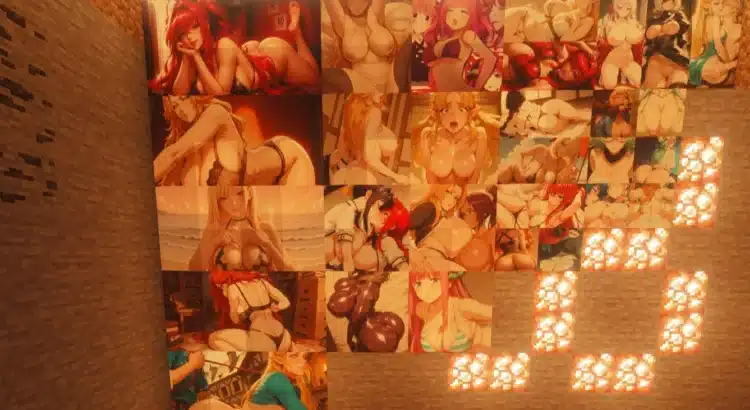 Minecraft room wall covered with 18+ anime waifu paintings from the Sexy Waifus texture pack