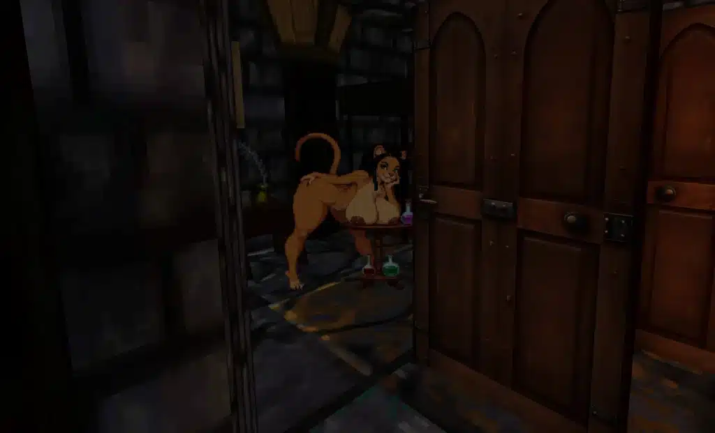 In-game screenshot showing an NPC replacer scene in Daggerfall Unity NSFW mod