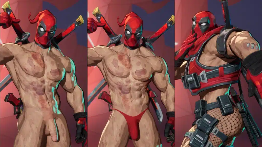Deadpool Skimpy Fits mod variants in Marvel Rivals showing different outfit styles