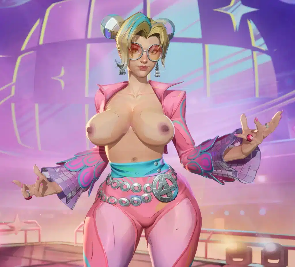 Invisible Woman PrismParade NSFW mod in Marvel Rivals showing front view of the reworked Prism Parade skin with pastel pink outfit and glasses